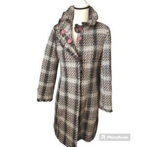 DKNY tweed button down ruffled collaret trench coat
